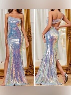 Asymmetric One-Shoulder iridescent open back Prom Sequin Evening Gown Sz XL